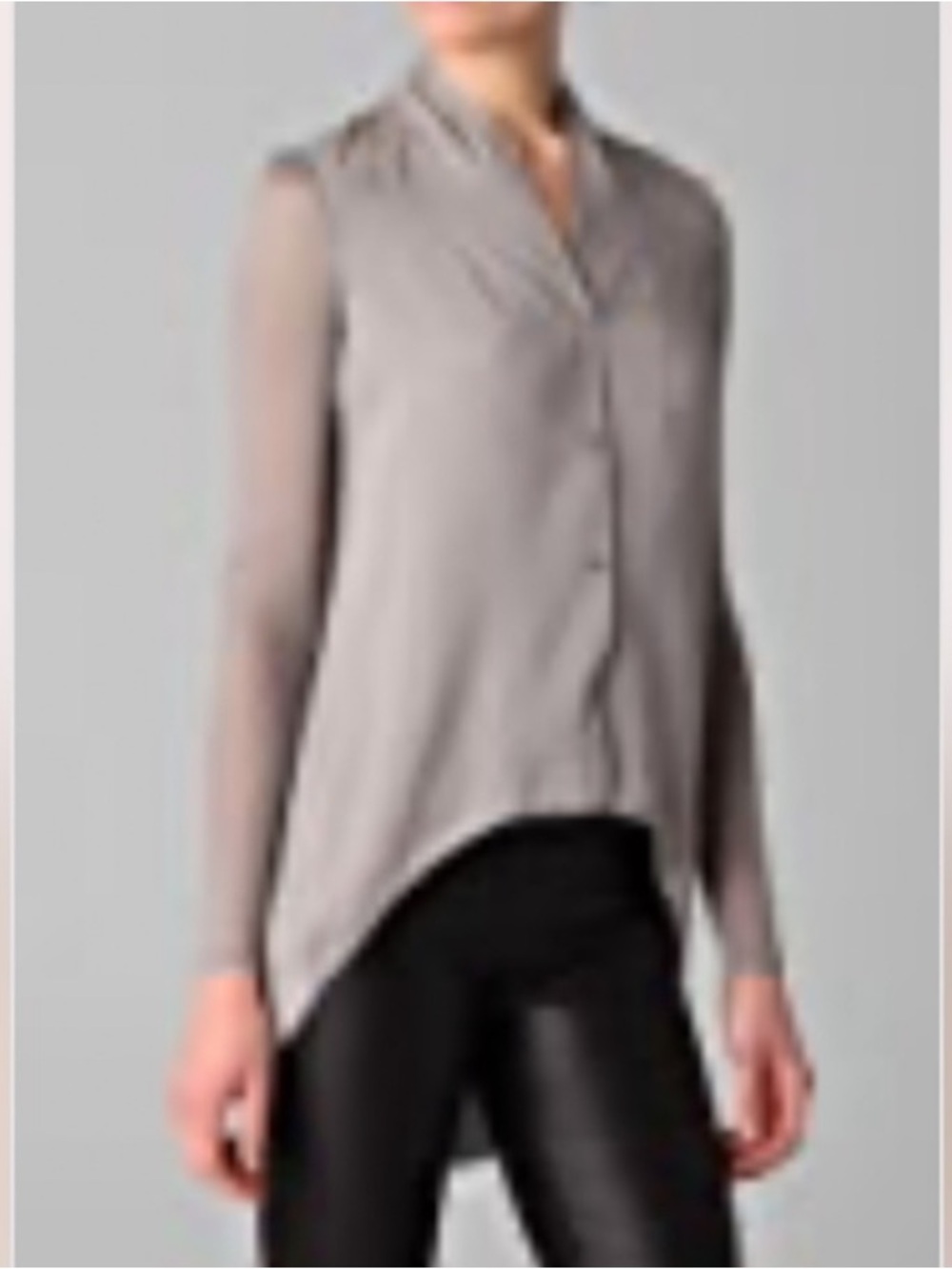 Helmut Lang Gray Long-Sleeve Silk Button-Down Blouse With Semi-Sheer Sleeves XS